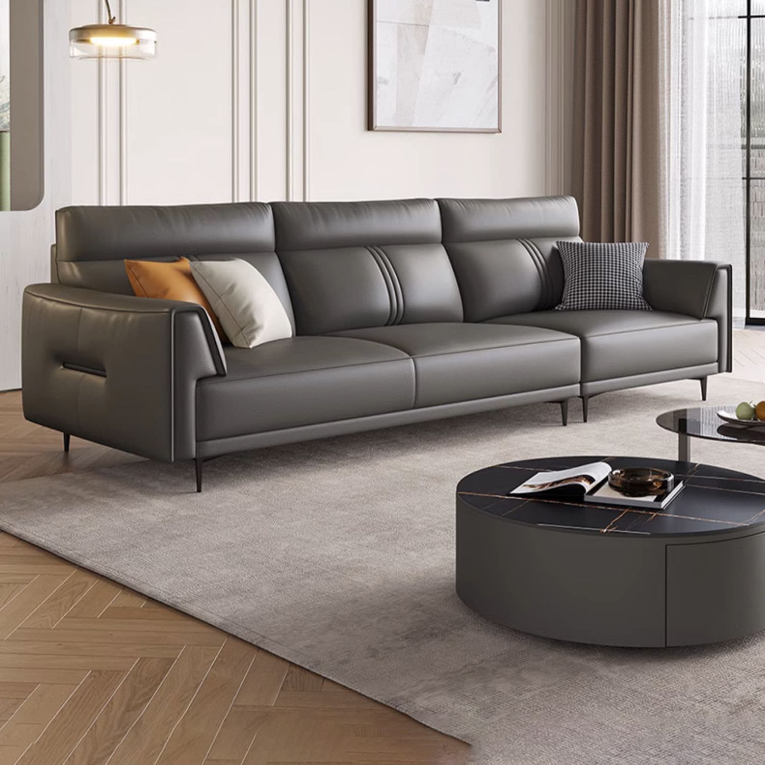 Modern Black Leather Stationary Sectional Sofa with Flared Arm and Cushion Back - image 3