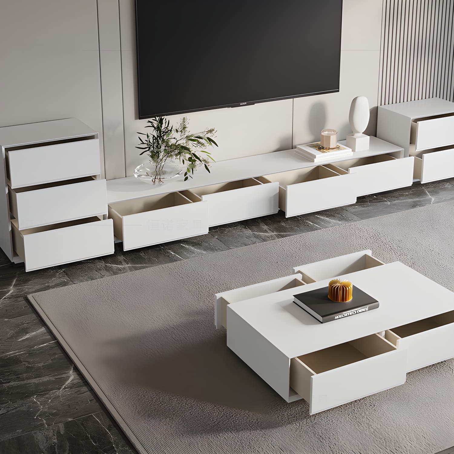 White Wood TV Stand Modernism TV Stand With Drawers for living Room - image 13
