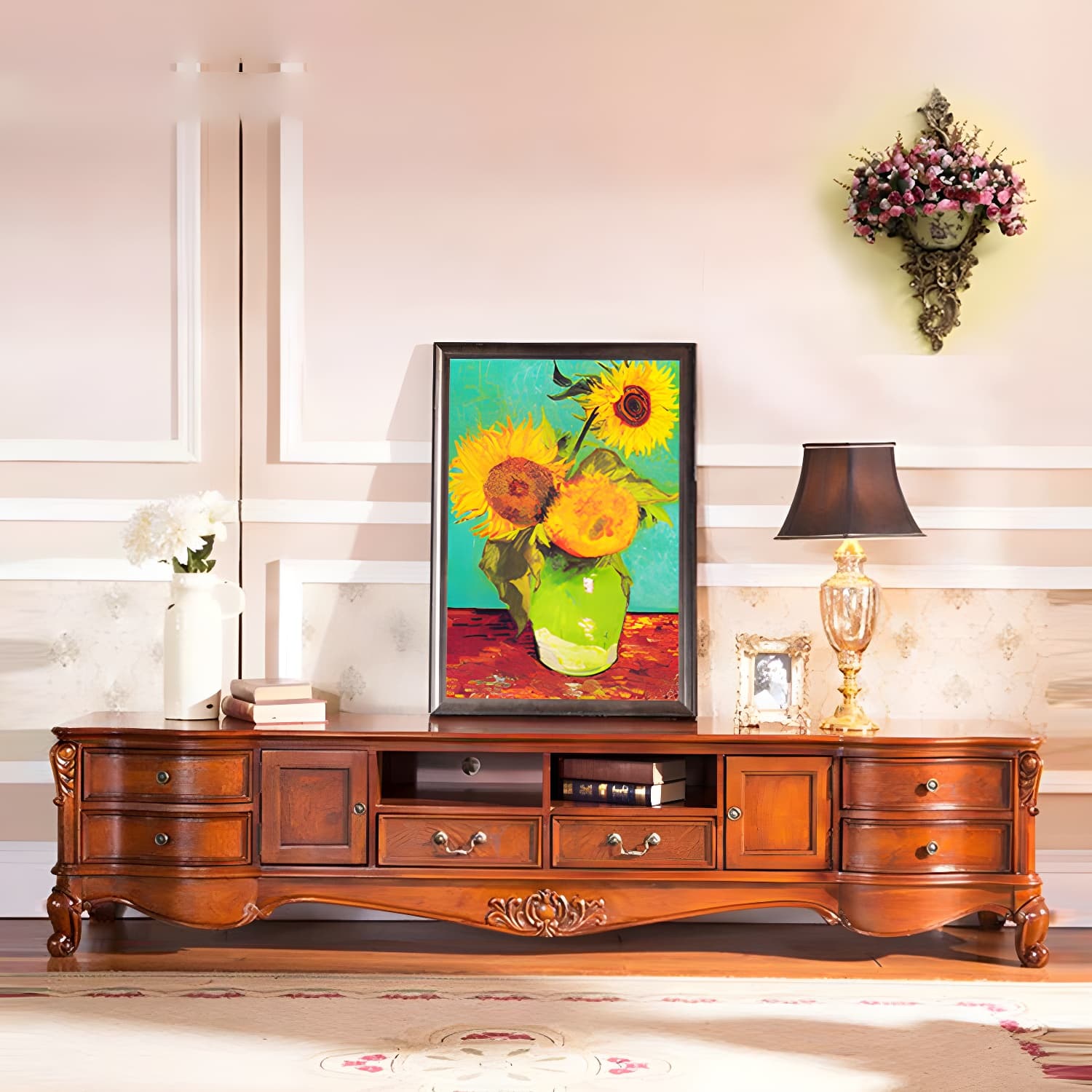 Solid Wood TV Console Traditional Enclosed TV Cabinet with Glide Drawers - image 4