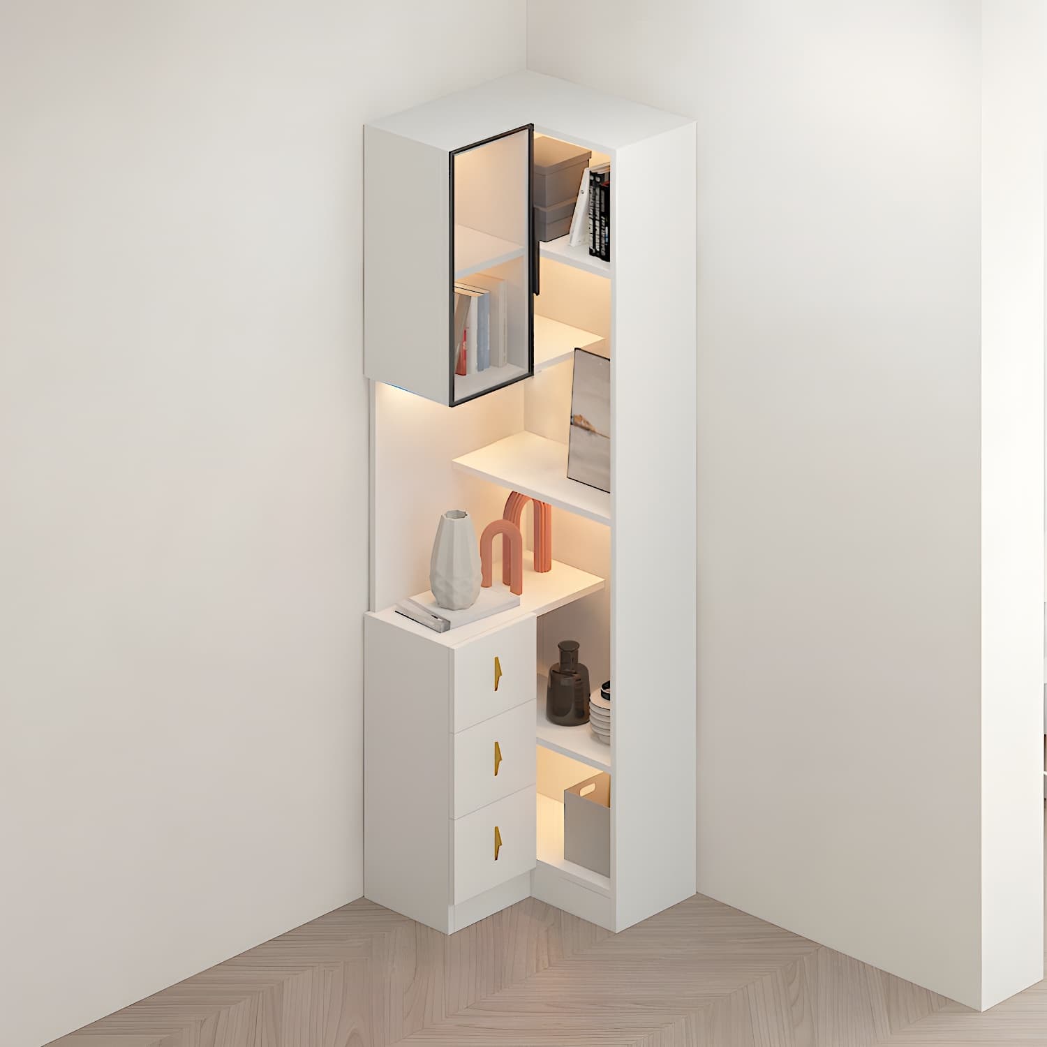 Corner Modern Accent Cabinet with Wood Counter Top, Glass Doors, Drawers, and Adjustable Shelves
