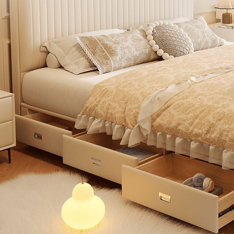 Ivory Solid Color Storage Bed with 3 Storage Boxes, Padded Frame, Sponge Upholstery, and Panel Headboard for Bedroom - image 4