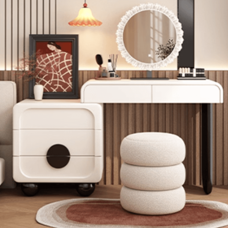 Large/Standard Vanity Set in White with 5 Drawers, Mirror Lights, Seat, Lighting, and Scalable Design