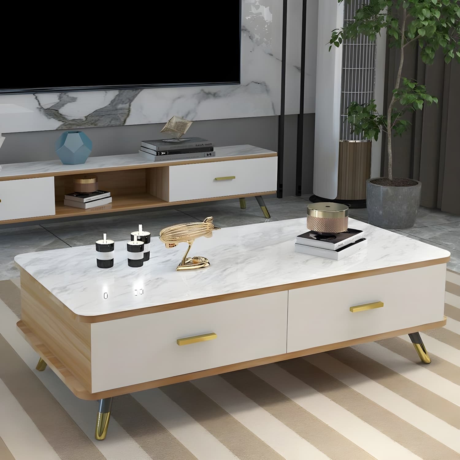 Glam Hollywood Regency Gold Metal Coffee Table with Storage Drawers - image 9