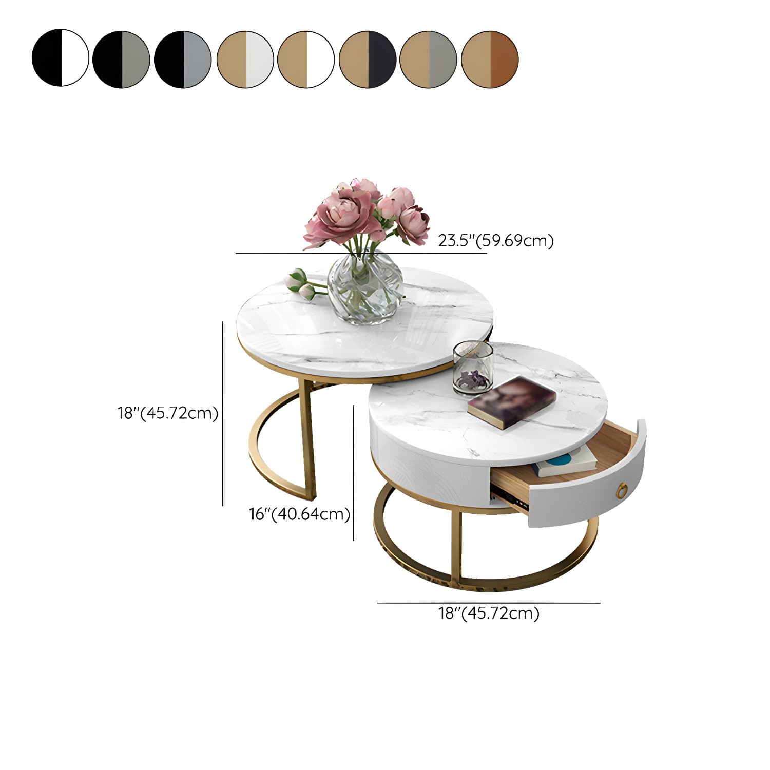Round Frame Coffee Table Slate Nesting Coffee Table Set with Drawer - image 12
