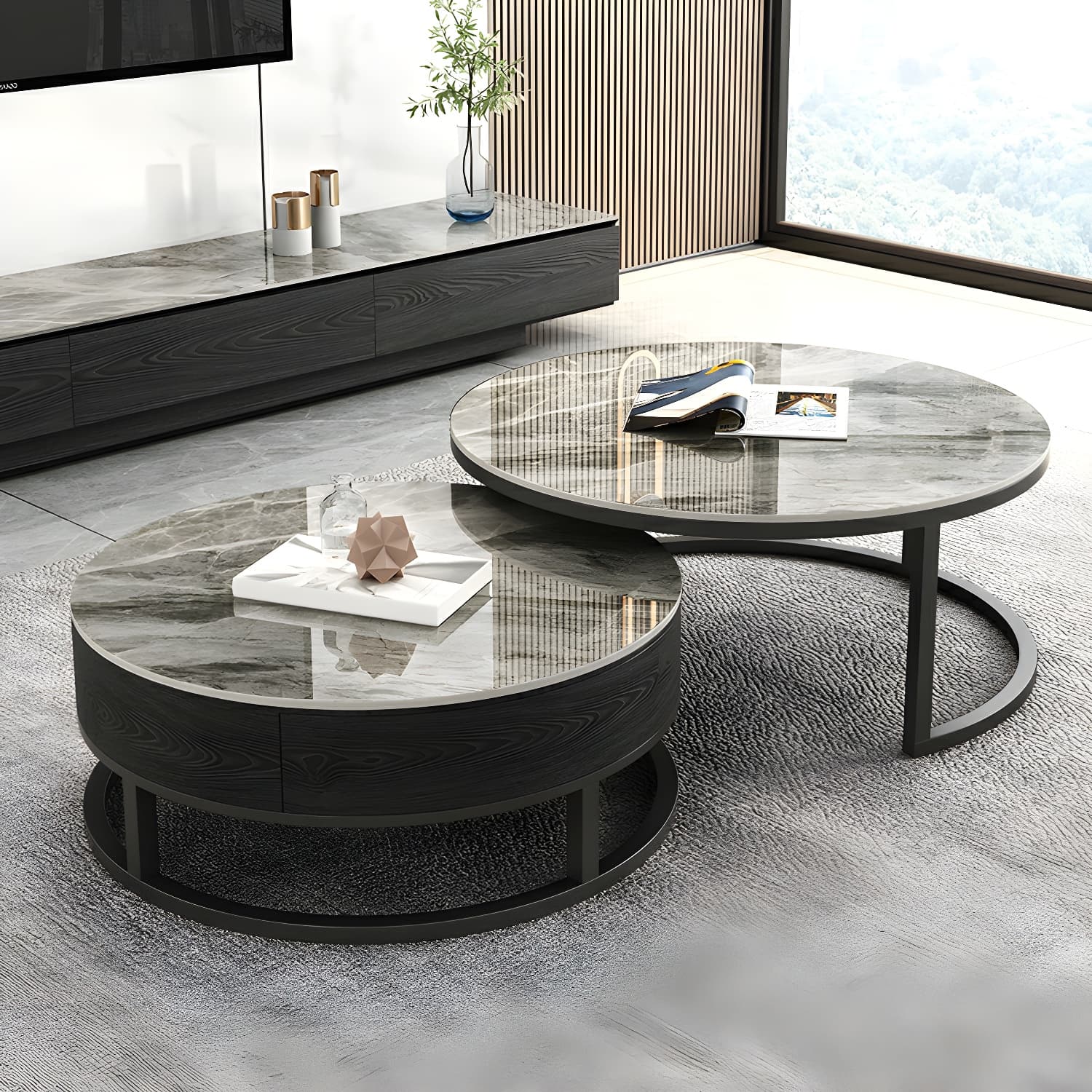 Set of 2 Round Stone Top Modern Nesting Tables with Black Metal Frames and Drawers Included