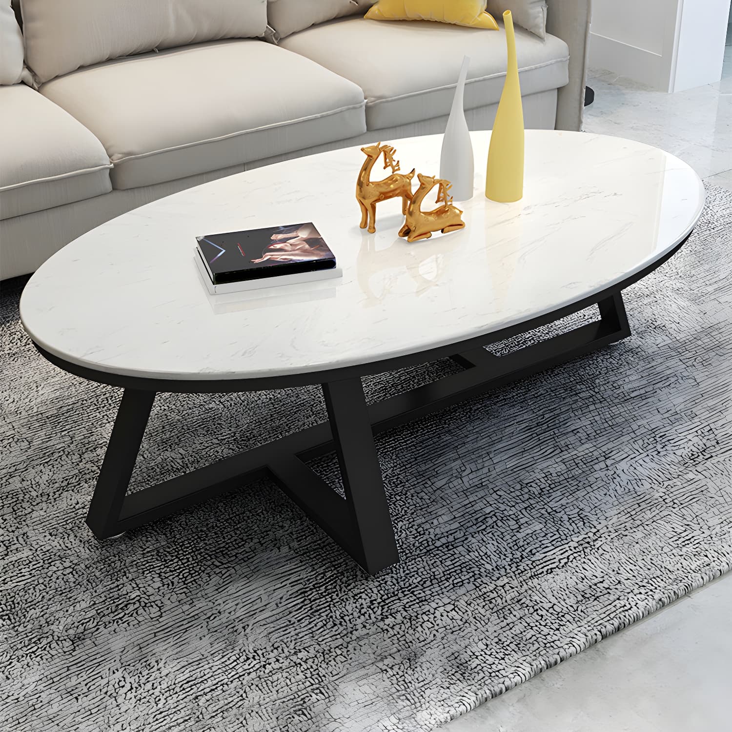 Faux Marble and Stone Coffee Table Cross Legs Cocktail Table