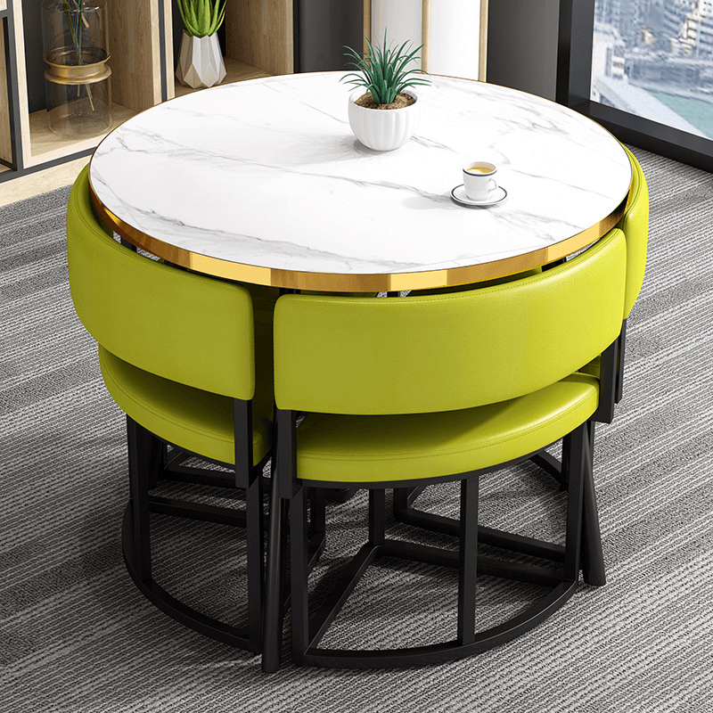 Art Deco Circular-shaped Upholstered Chair Metal & Faux Wood Dining Table Set with Upholstered Back in White, 5 Pieces - image 3