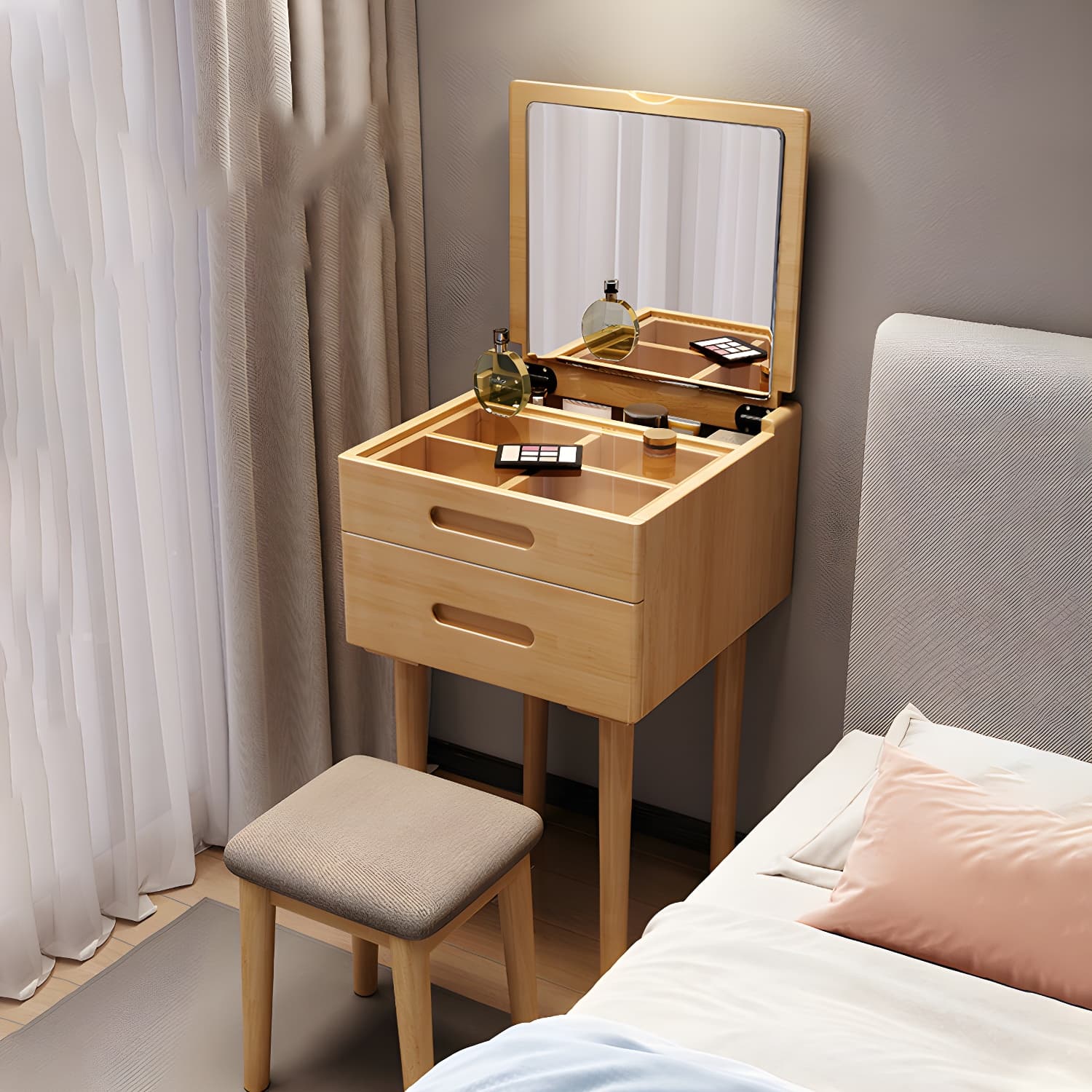 Solid Wood Flip-top Vanity Set Mirrored Vanity Desk Stool Set - image 6