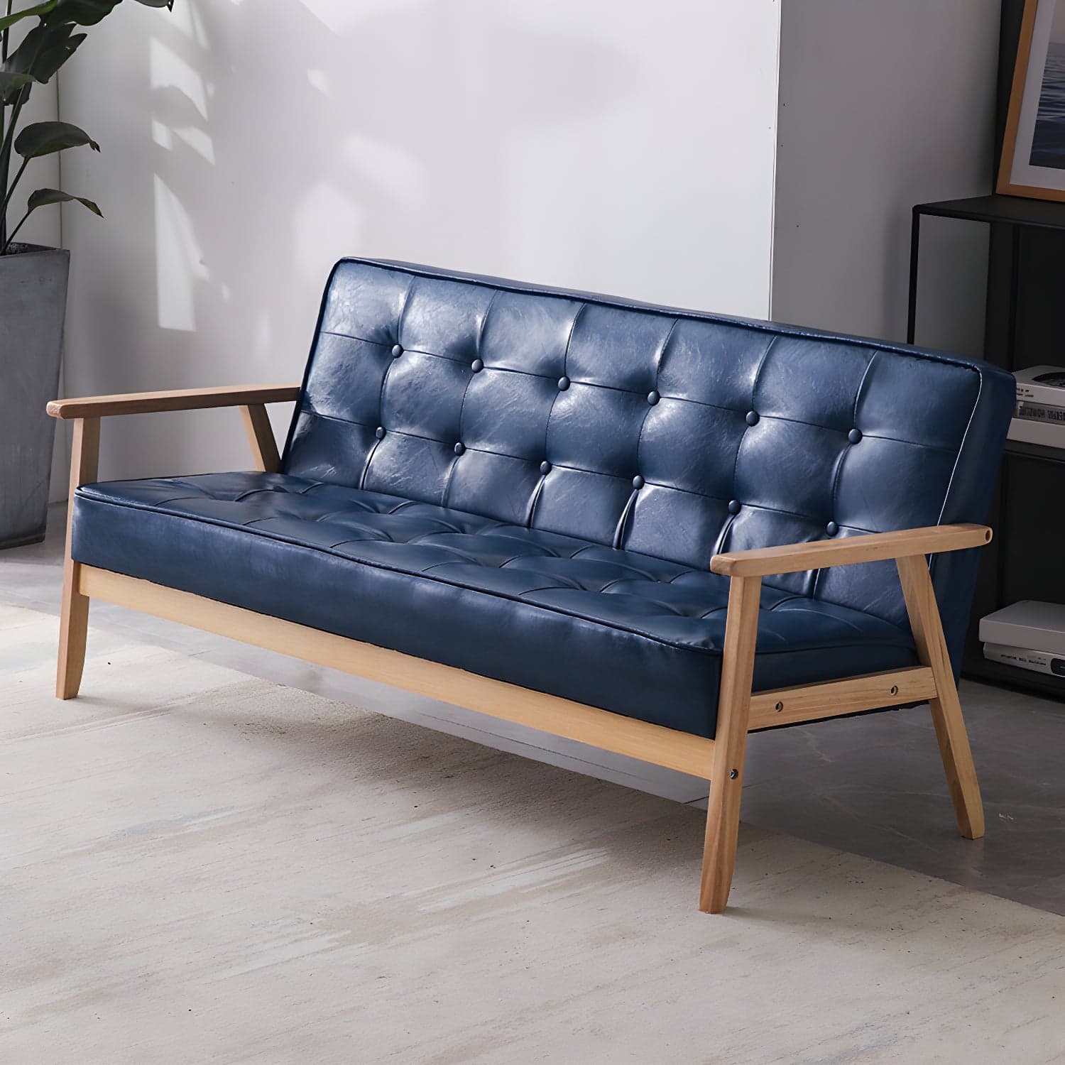Mid-Century Modern Pine Wood Sofa with Tufted Back and Single Cushion Design
