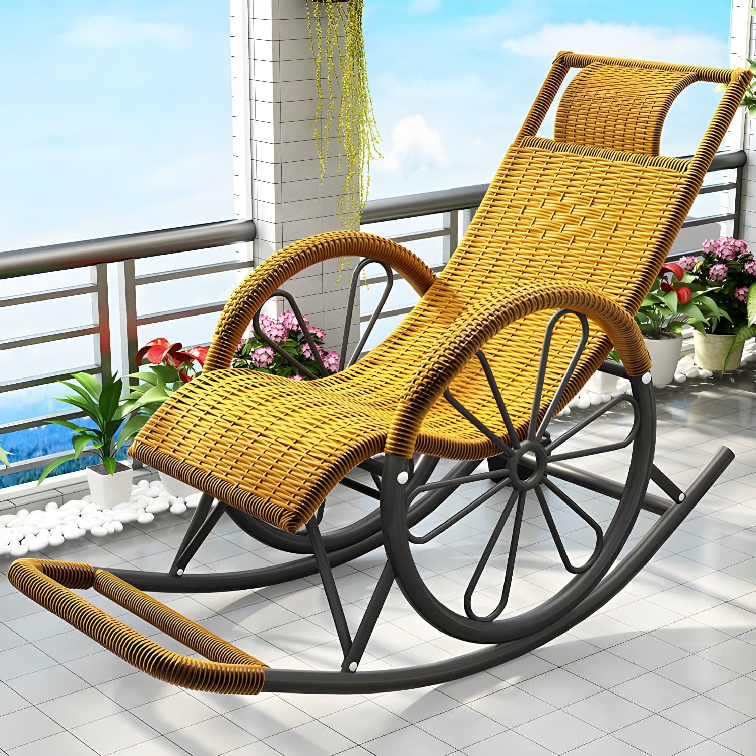 Modern Spindle Rattan Rocking Chair Metal Frame Wheel Handrail Design Rocker Chair - image 5