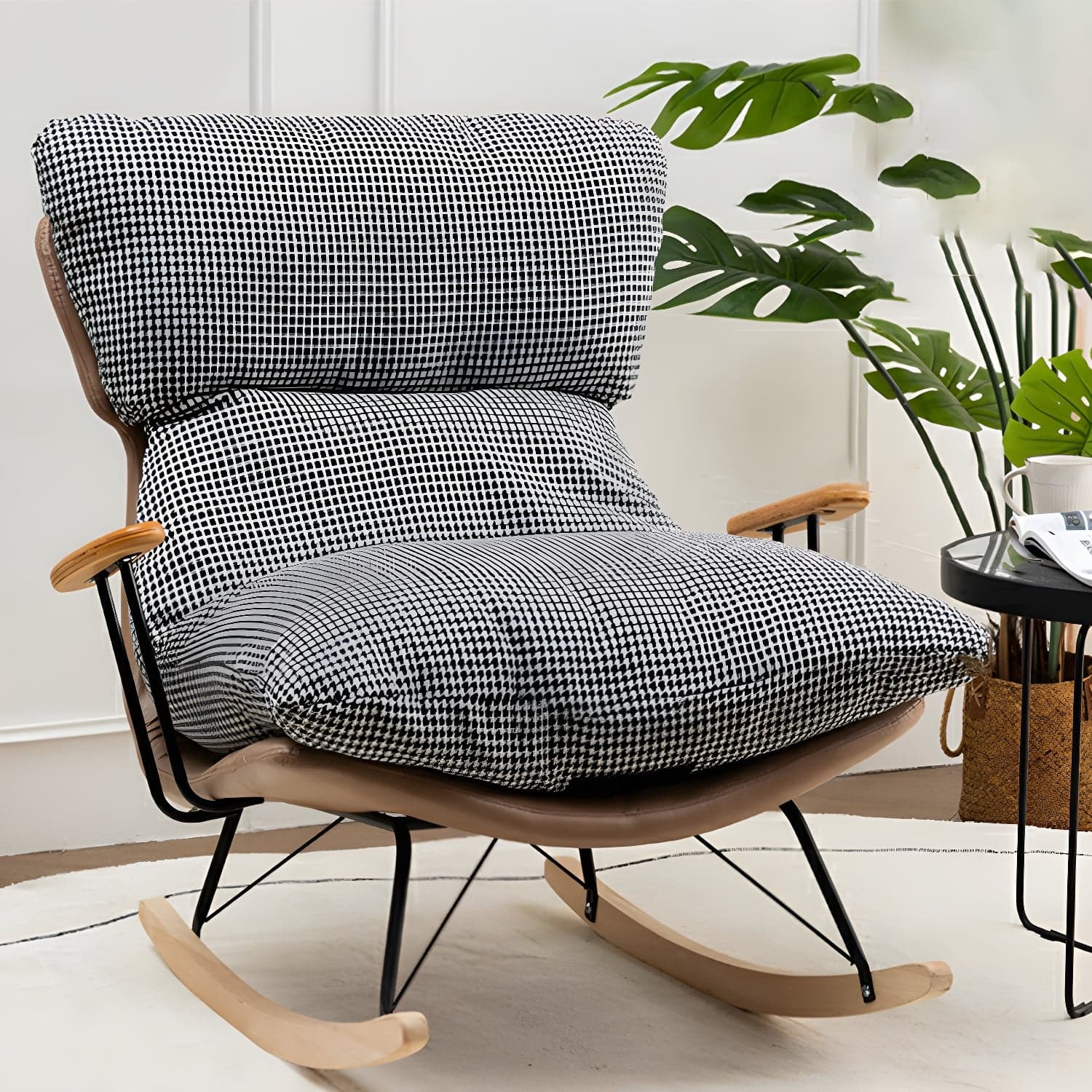 Modern Upholstered Indoor Rocking Chair with Natural Wood Legs and Removable Back Cushion - image 4