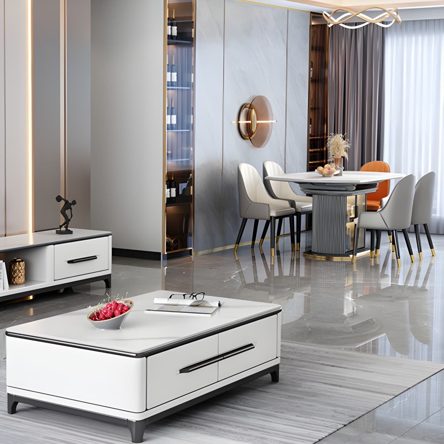 Modern Style Stone Furniture 1/5/7/9/11 Pcs Round Shape Dinette Table with Dining Chair - image 3