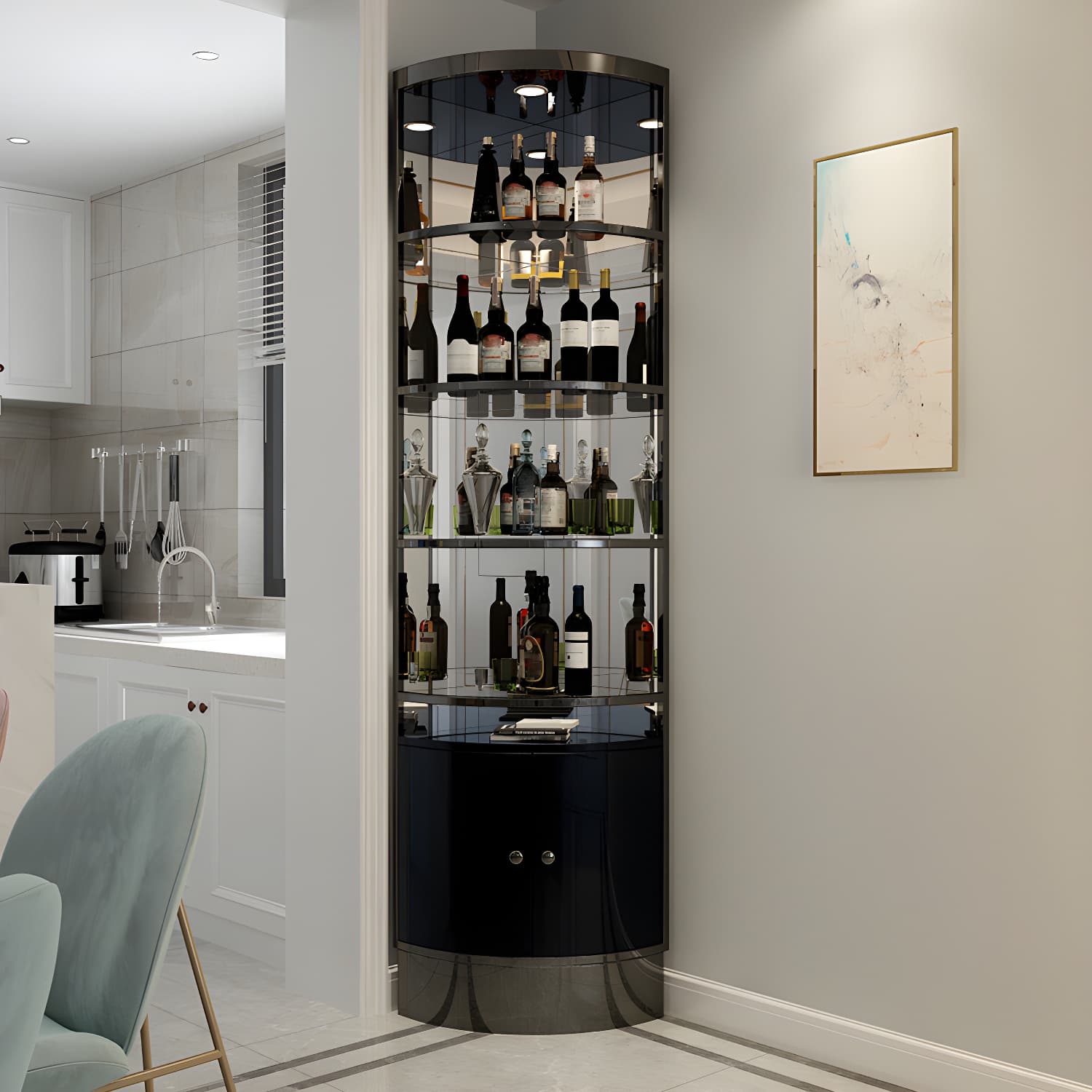 Glam Style Solid Color 2-door Corner Cabinet with Shelves for Living Room