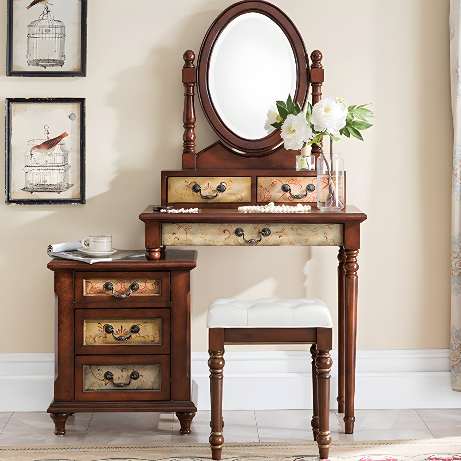 Victorian Vanity Set Solid Wood Drawers Included Makeup Dressing Table With Mirror & Stool - image 7