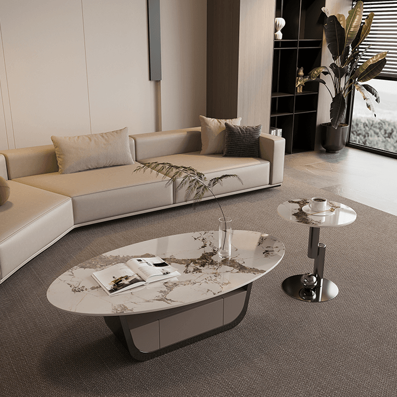 Glamorous Oblong Stone Coffee Table with Abstract Base, Scratch-proof and Drawer for Small Spaces - image 5