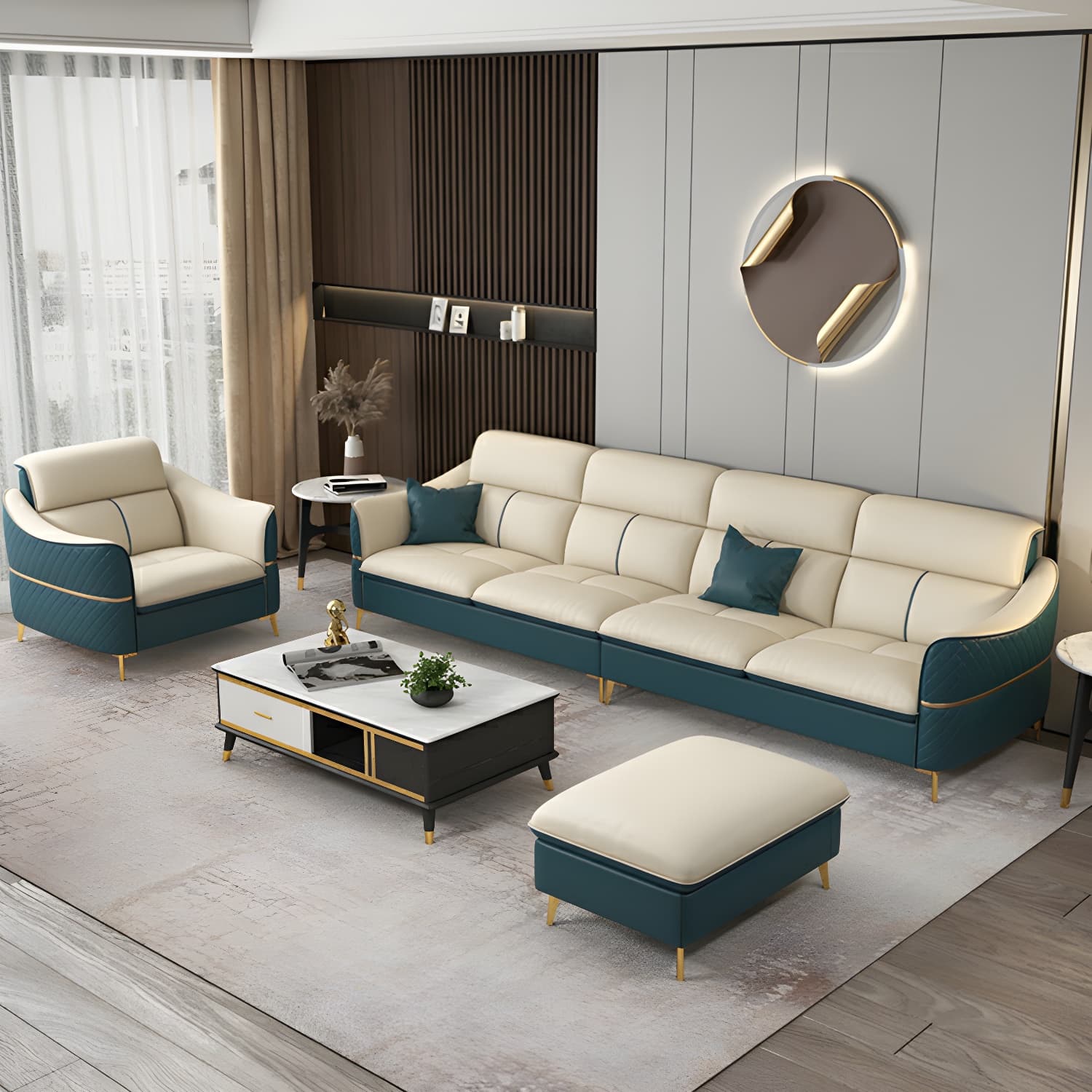 Modern Beige Leather Stationary Sectional Sofa with Cushion Back - image 4
