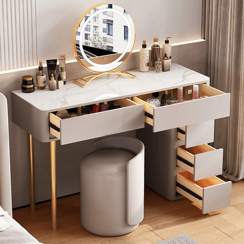 Vanity Set with Stone Table Top, Light Gray Upholstered Chair, 5 Drawers, Mirror Lights, and Push-Pull Lighting - image 4