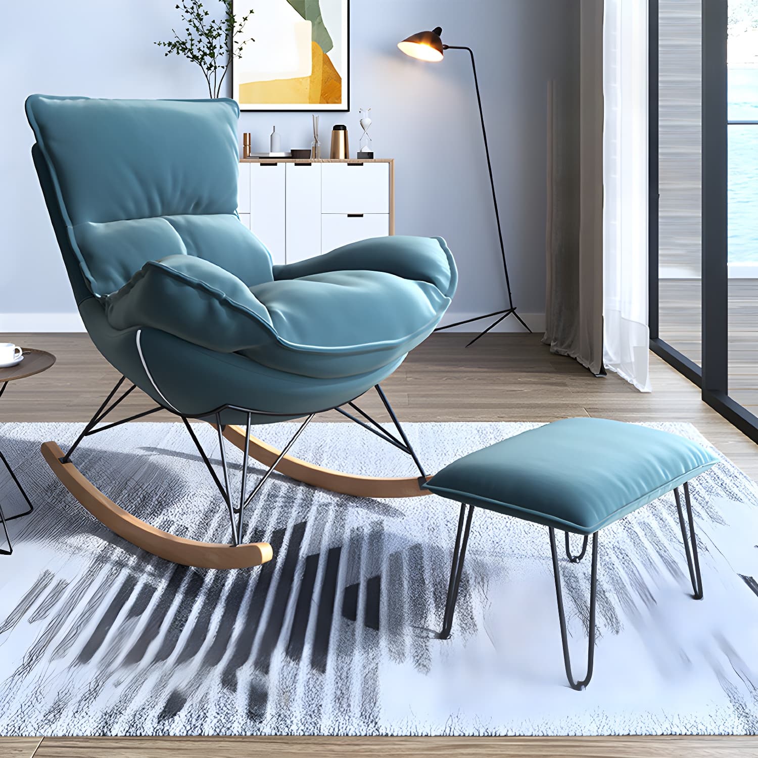 Contemporary Rocker Chair Antique Finish Rocking Chair with Ottoman