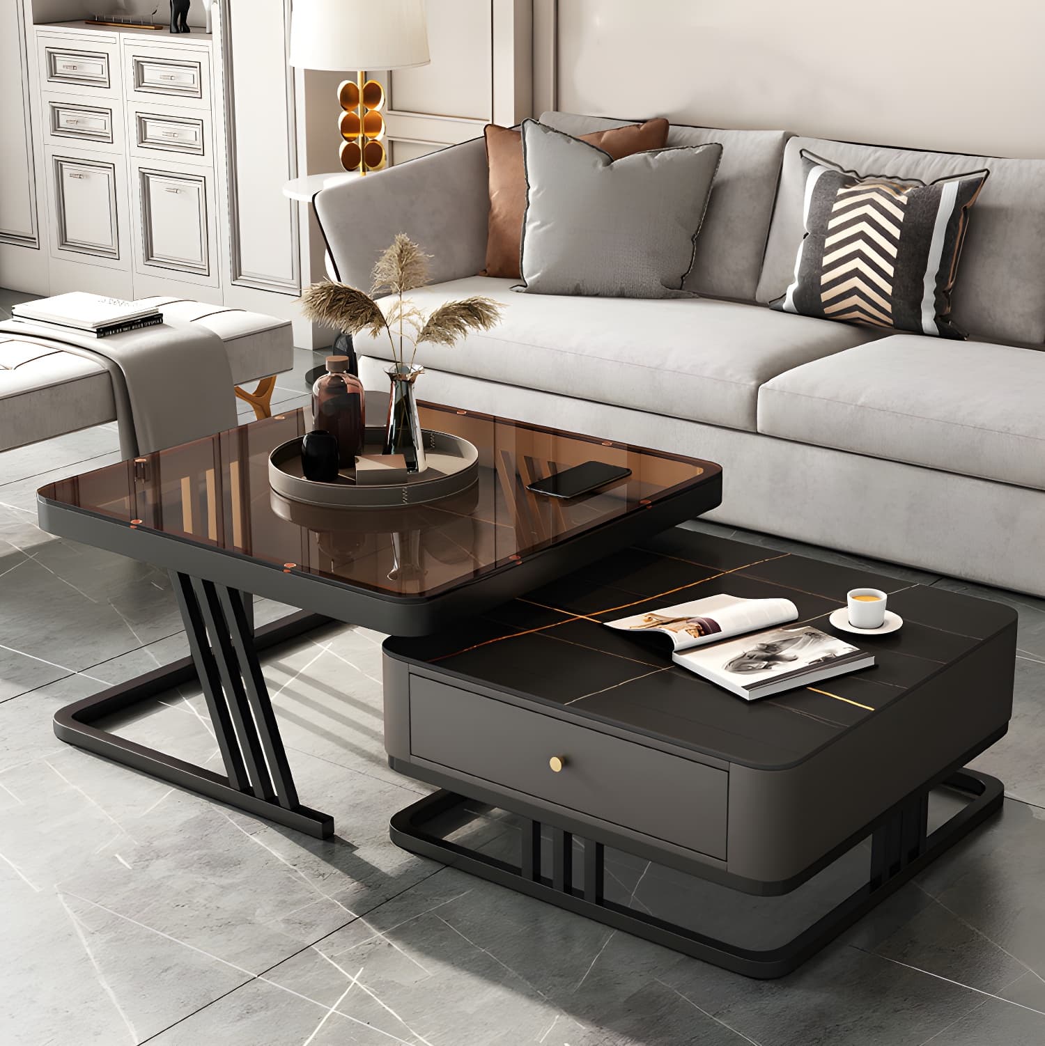 Modern Round Glass / Slate Cocktail Table Steel Frame Coffee Table with Drawer