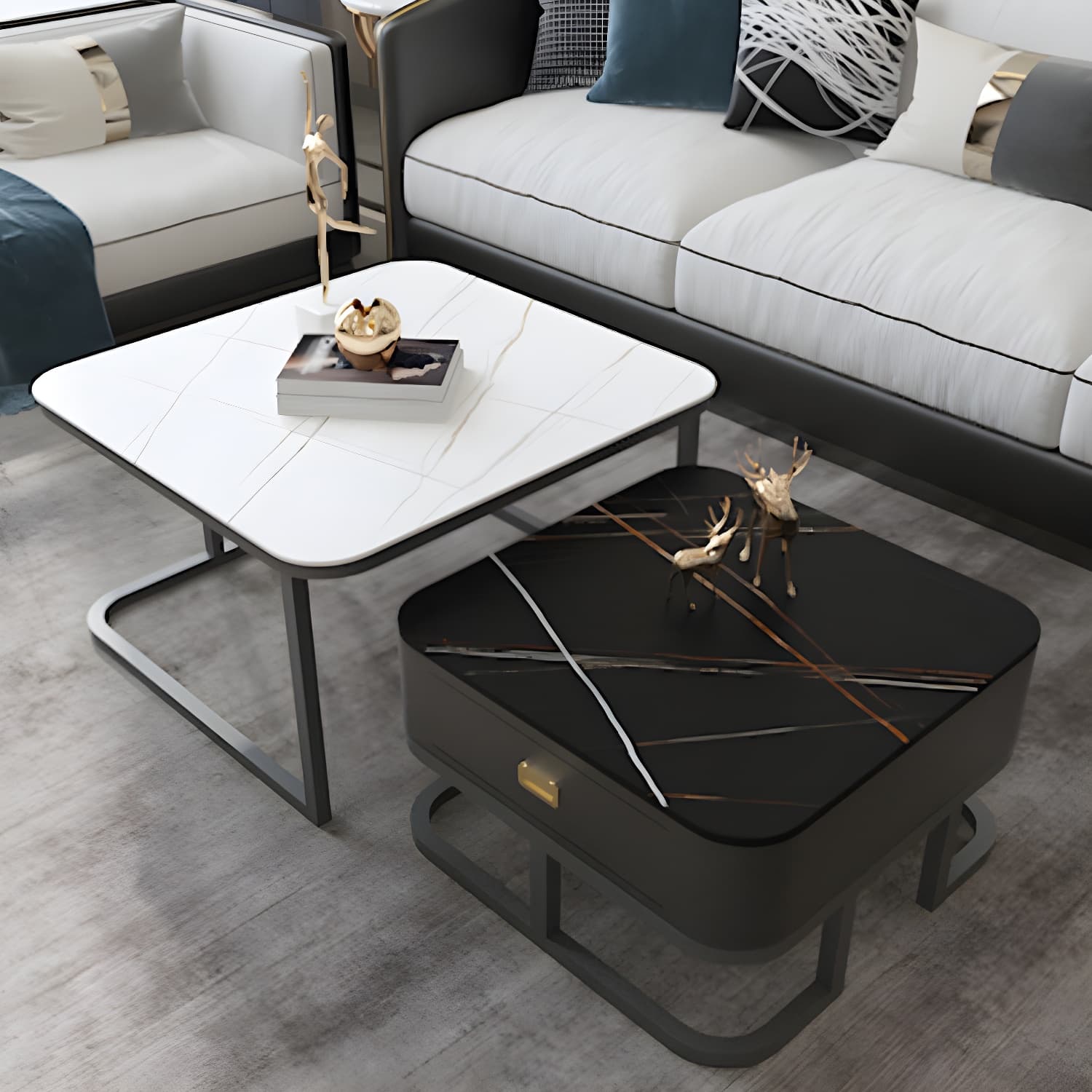 Round Slate/ Glass Coffee Table Frame 2 Nesting Cocktail Table with Storage - image 11