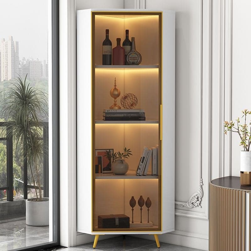 Contemporary Wood Corner Accent Cabinet with Clear Glass Doors, Metal Legs and Interior Shelves - image 4