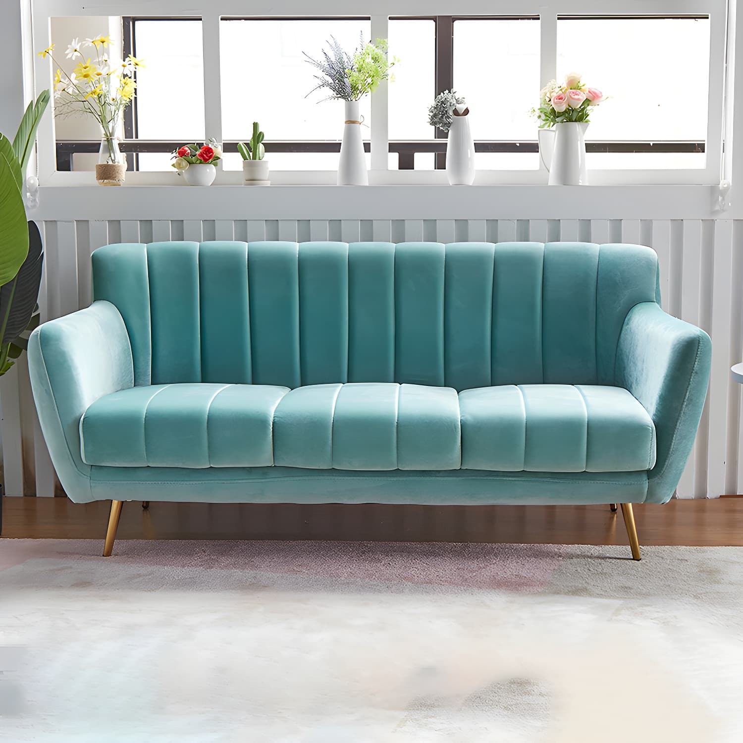 Modern Tight Back Couch Standard Velvet Tuxedo Arm Sofa in Green/Teal/Pink - image 8