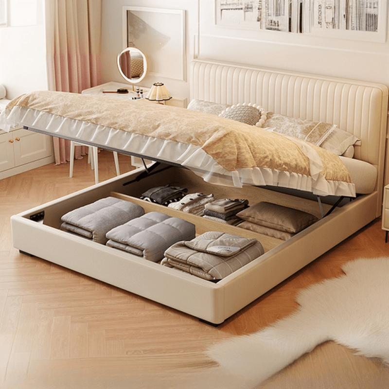 Ivory Solid Color Storage Bed with 3 Storage Boxes, Padded Frame, Sponge Upholstery, and Panel Headboard for Bedroom