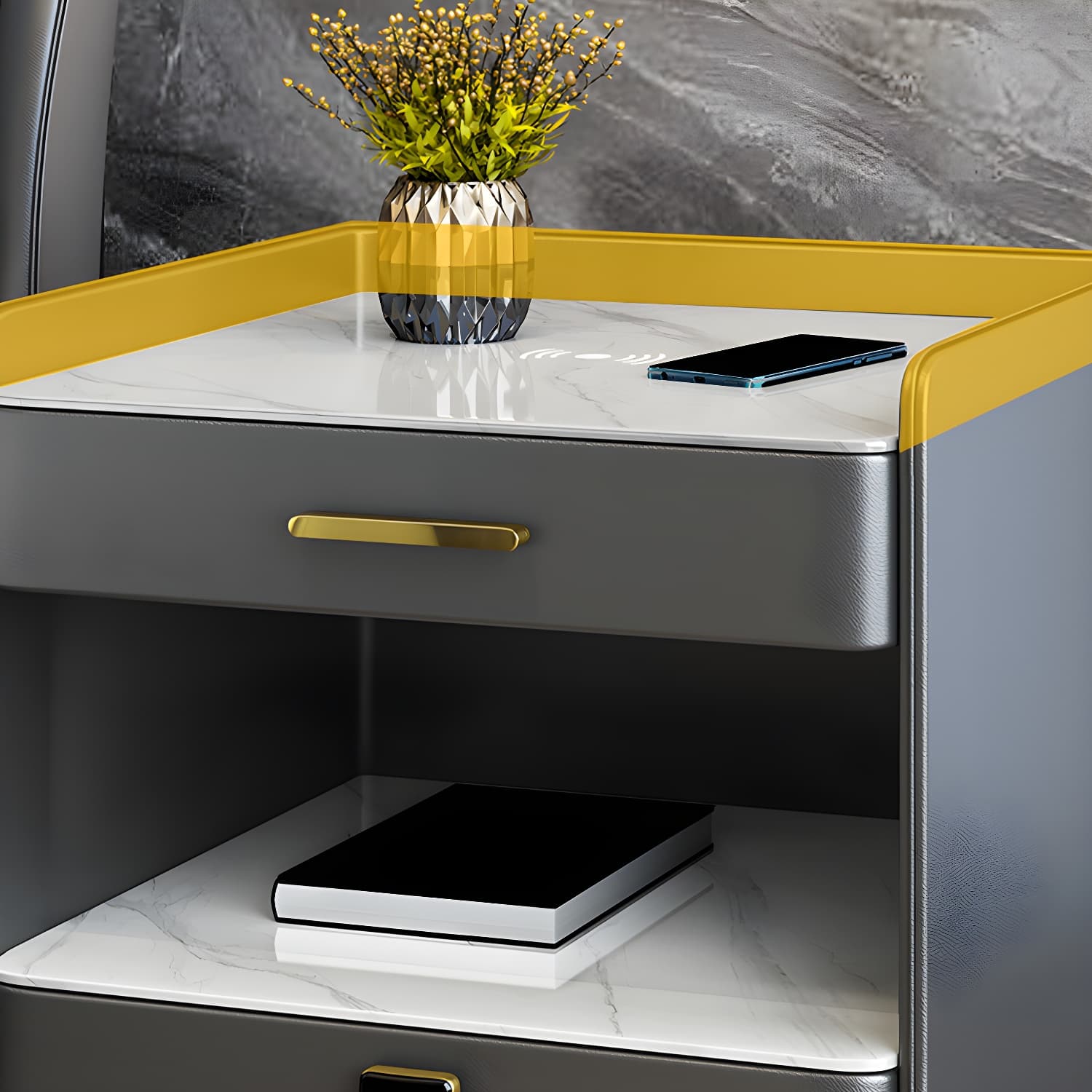 Stone Bed Nightstand Open Storage Bedside Cabinet with Drawers - image 9