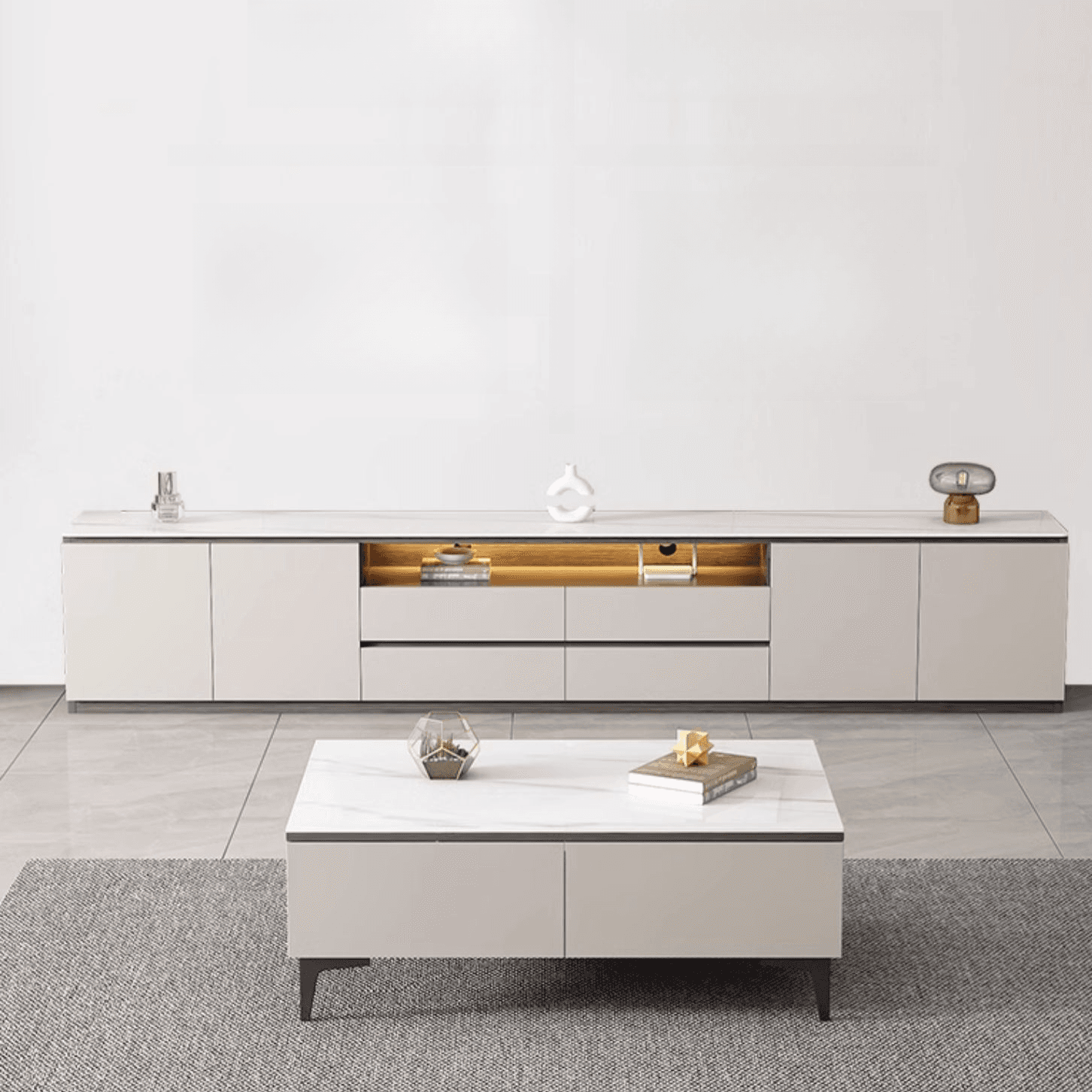 Beige Stone TV Stand with 4-Drawer, 2 Cabinets/4-Cabinet, Cable Management, Visible Storage and Light - image 4