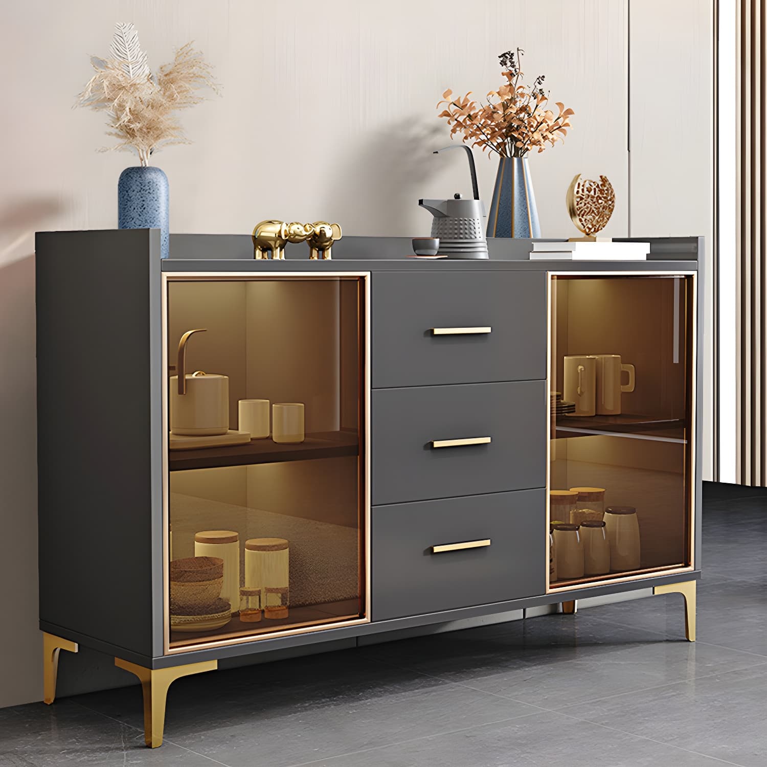 Wood Buffet Table Glam Style Side Board with Cabinets and Drawers - image 12