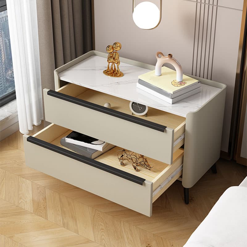 Modern Faux Leather Top Nightstand with Two Drawers and Stone Countertop - image 9