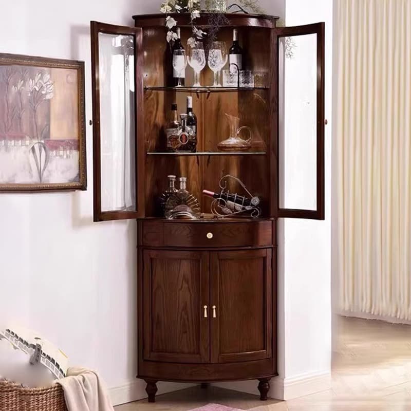 Corner Accent Cabinet with Storage Drawer, Closet, Glazed Door, Cabinet Knobs, Brown Top, and LED Lighting - image 4