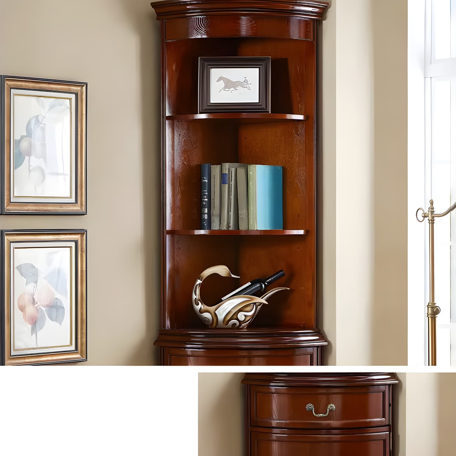 Corner Mid-Century Modern Accent Cabinet with Wood Countertop and Glass Doors - image 9