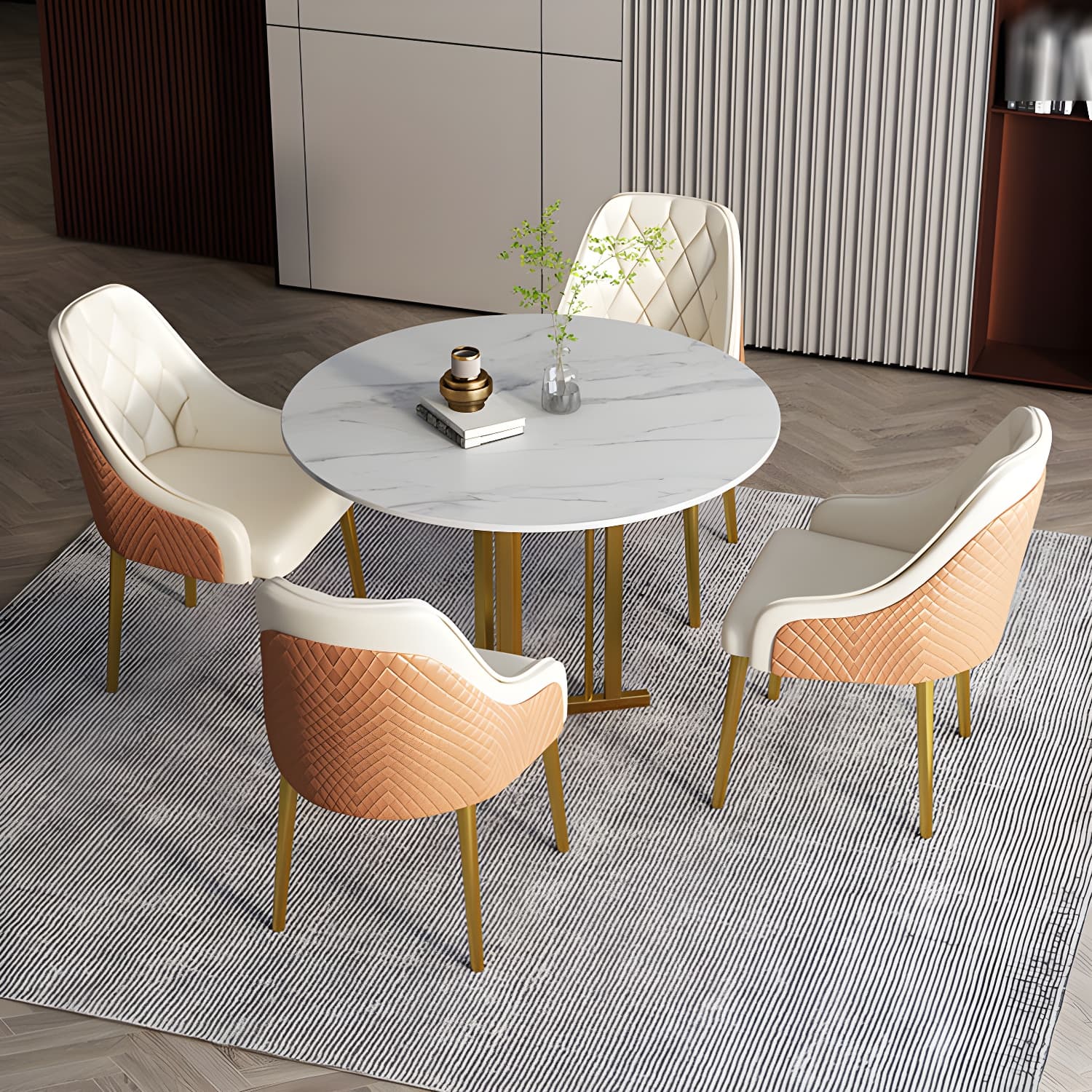Stone Top Dining Table Contemporary Dining Table with Gold Pedestal Base - image 3