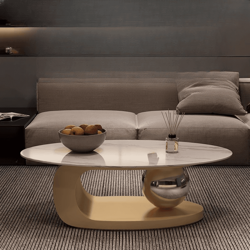 Luxurious 1 Tier Stone Top Elliptical Side Table with Abstract Base in Chalk for Home