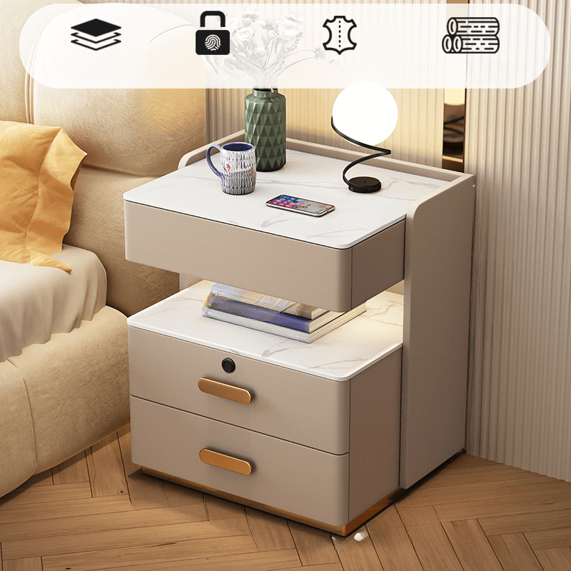 Modern Simple Style Nightstand With Drawer Storage, Stone Countertop, and Integrated Lighting