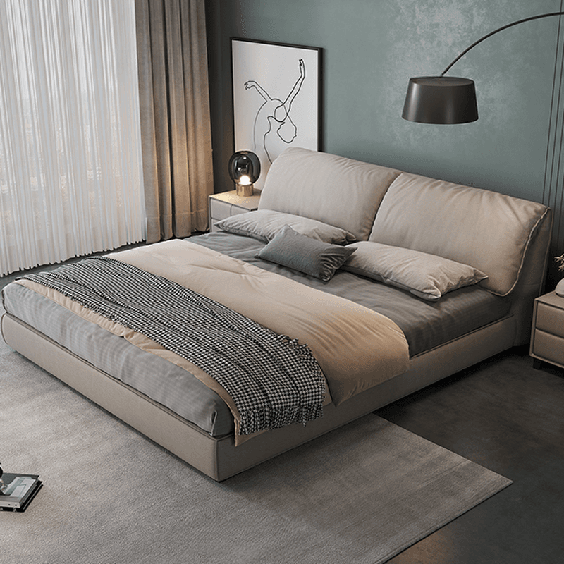 Grey Storage Included Panel Bed with 3 Storage Boxes, Natural Wood Frame, Panel Headboard, and Sponge Upholstery