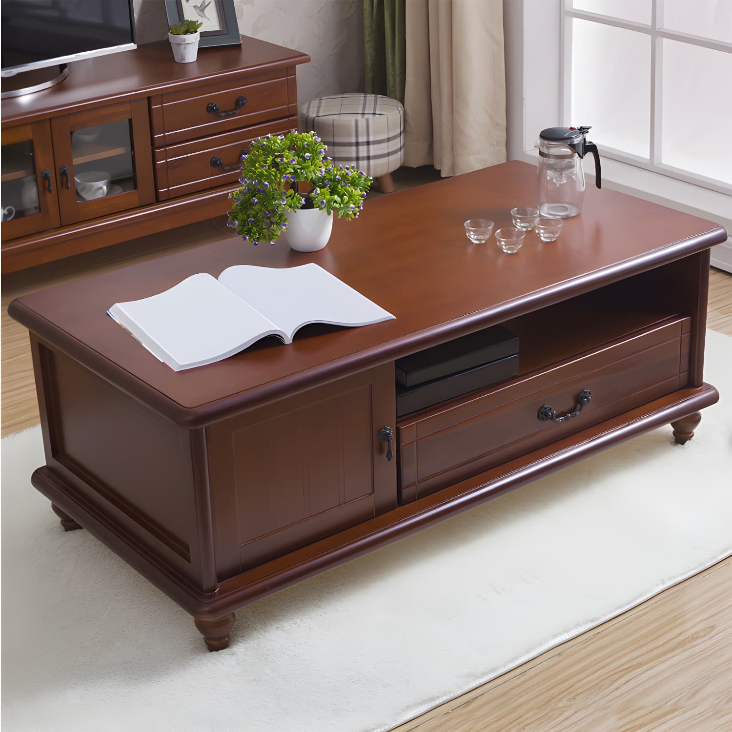 Modern Rectangular Wood Coffee Table with Drawers and Shelves for Stylish Storage - image 7