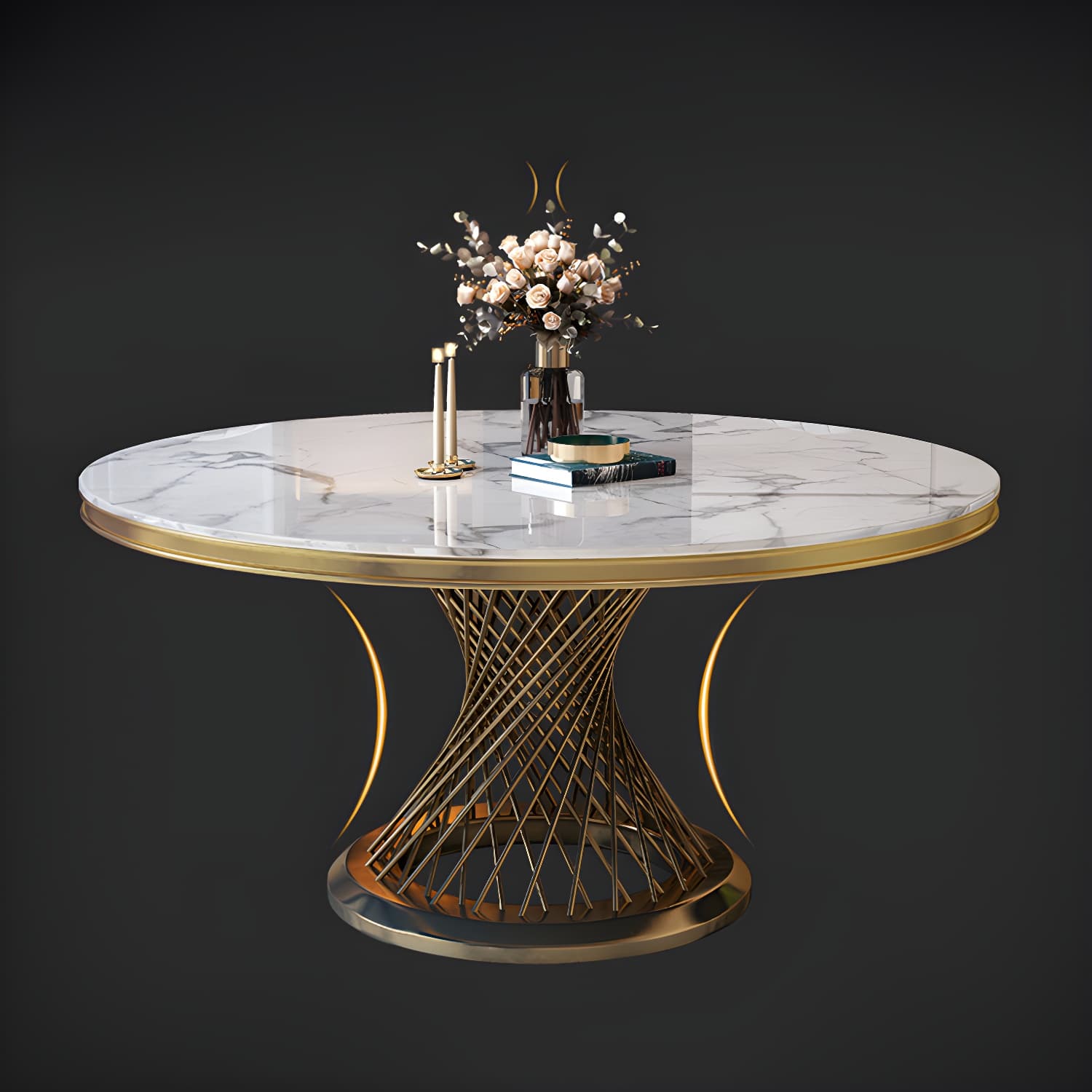 Round White Marble Modern Dining Table with Gold Steel Pedestal Base - image 7