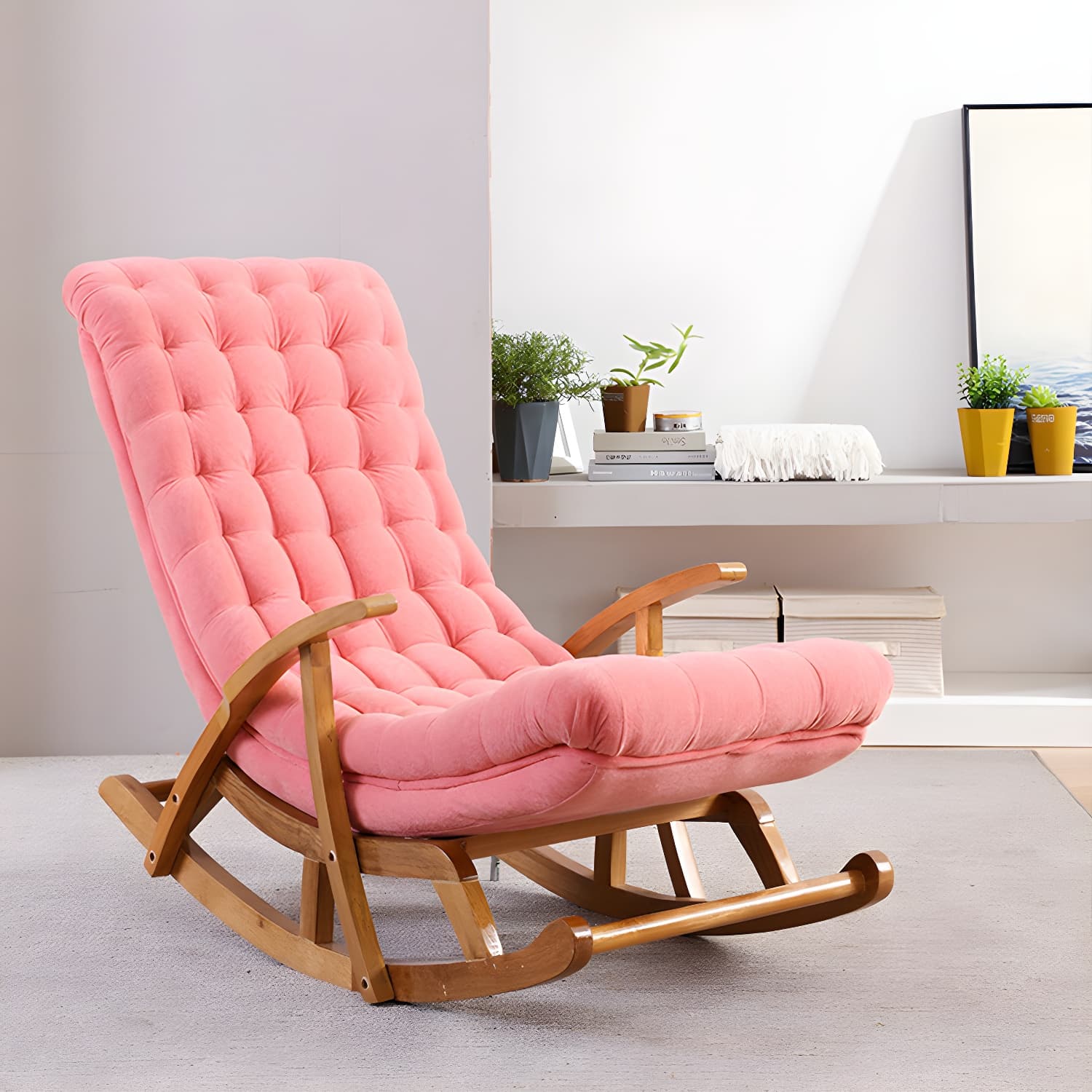 Stylish Upholstered Rocking Chair with Natural Wood Legs In Modern Design - image 14