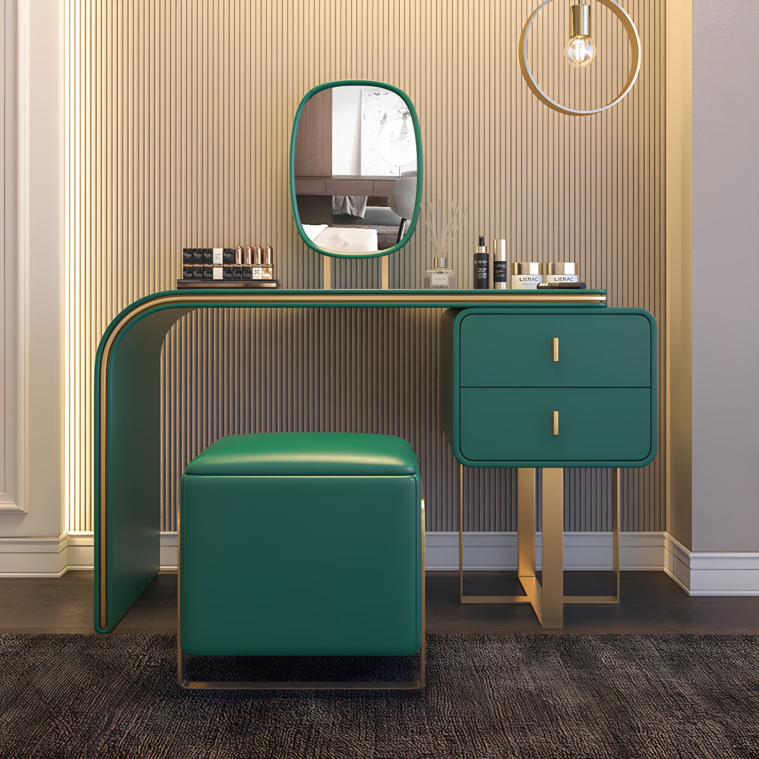 Glam Vanity Set With Drawer Leather Mirror Bedroom Make-up Vanity - image 5