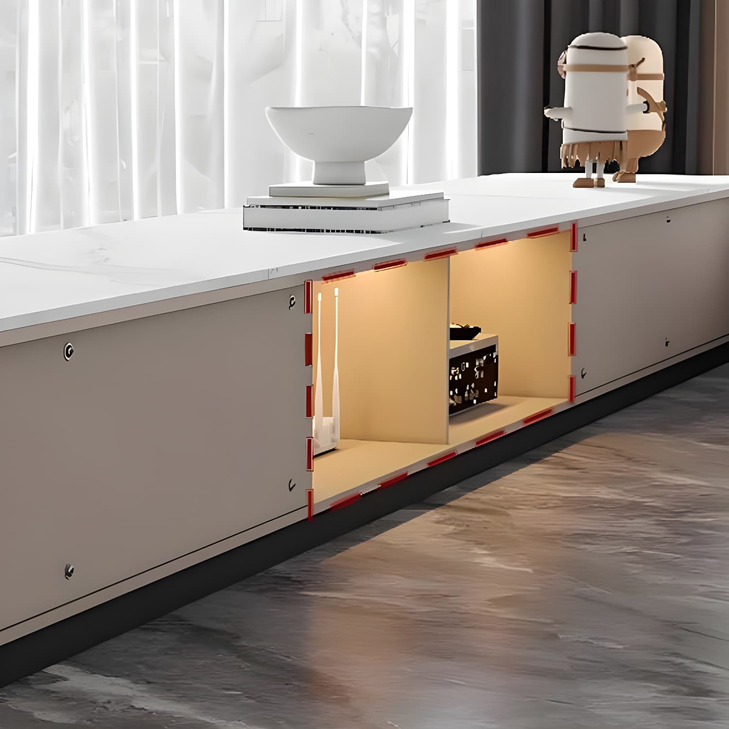 Modern White Stone Top TV Stand with Storage and Cable Management - image 8