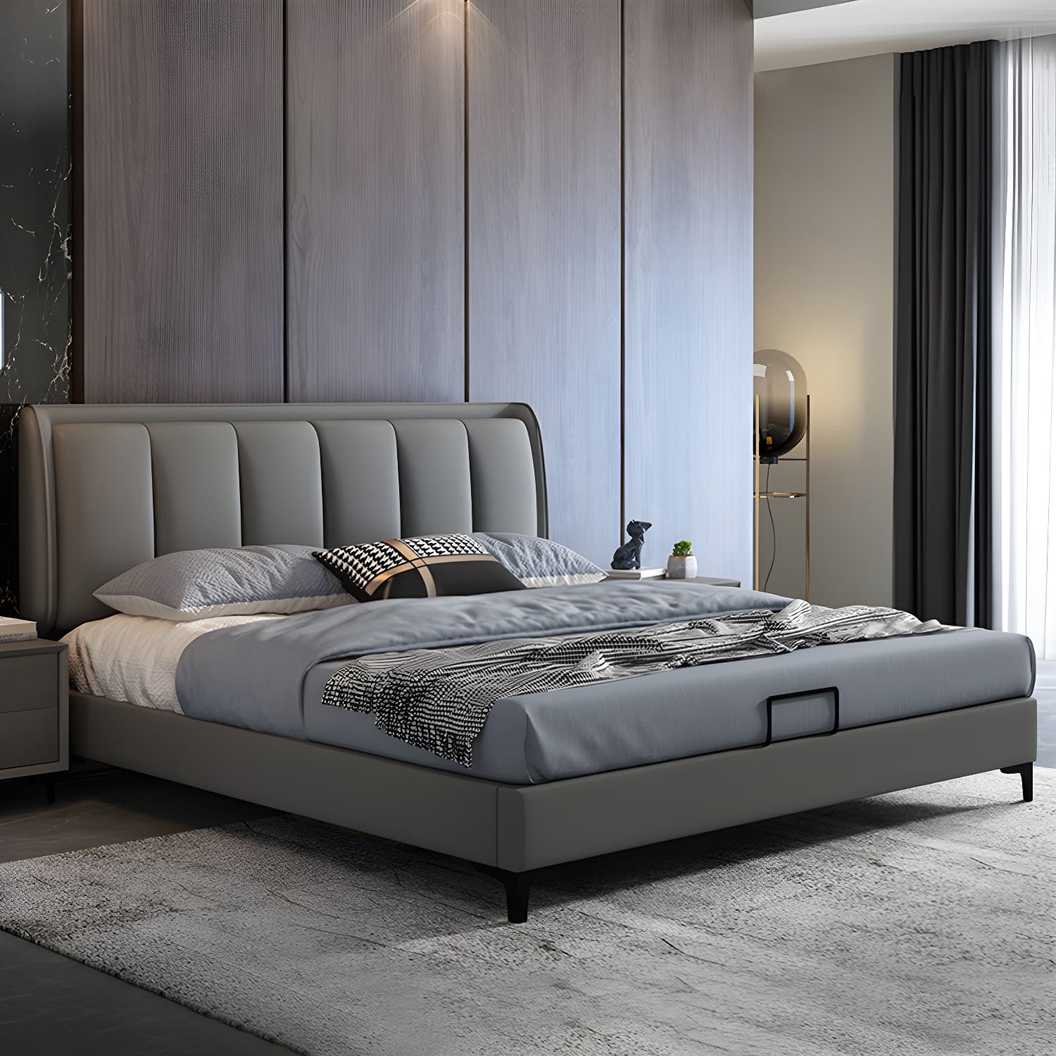 Grey Rectangular Headboard Standard Bed with Wooden Legs Bed - image 3