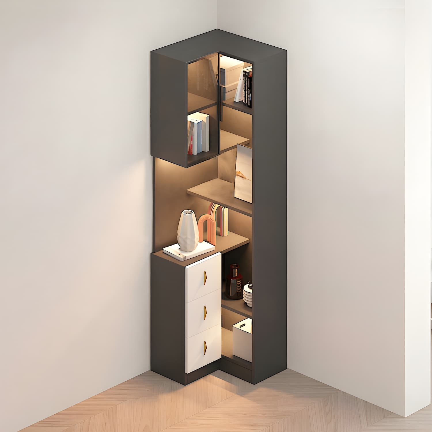 Corner Modern Accent Cabinet with Wood Counter Top, Glass Doors, Drawers, and Adjustable Shelves