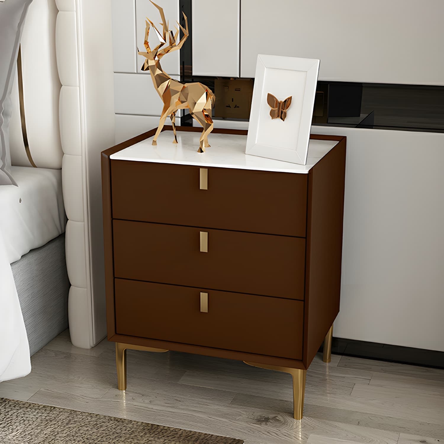 Glam Style Sintered Stone Top 3-Drawer Nightstand with Legs for Bedroom - image 3