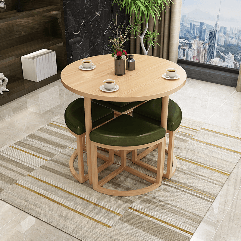 Reclaimed Wood Round Dining Table Set with Metal Toboggan Base and Upholstered Backless Chairs for 4 People - image 17