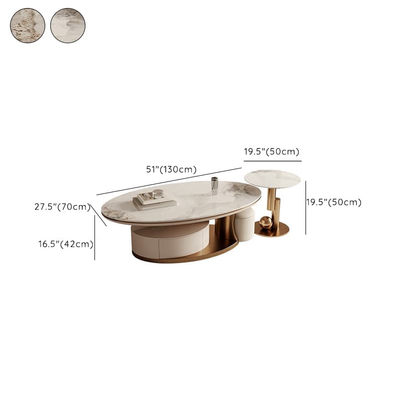 Luxurious Oval Stone Cocktail Table in White with Storage Drawer - image 16