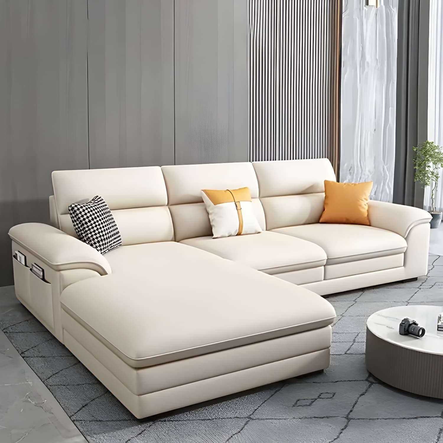 Modern Beige Stationary Sectional Sofa in Scratching Cloth with Wood Frame and Pillow Top Arms