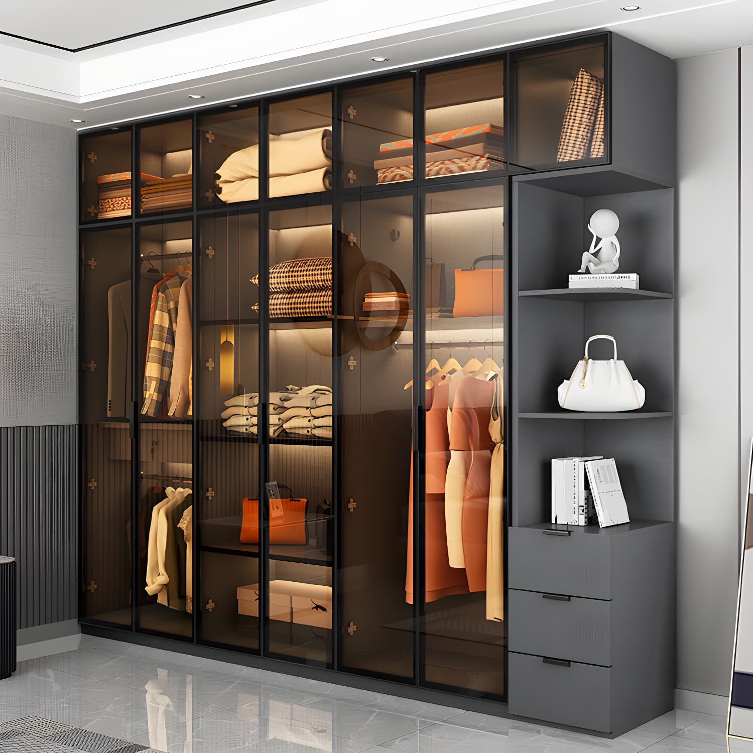 Modern Glass Wardrobe Cloth Rod Included Wardrobe Closet without Light