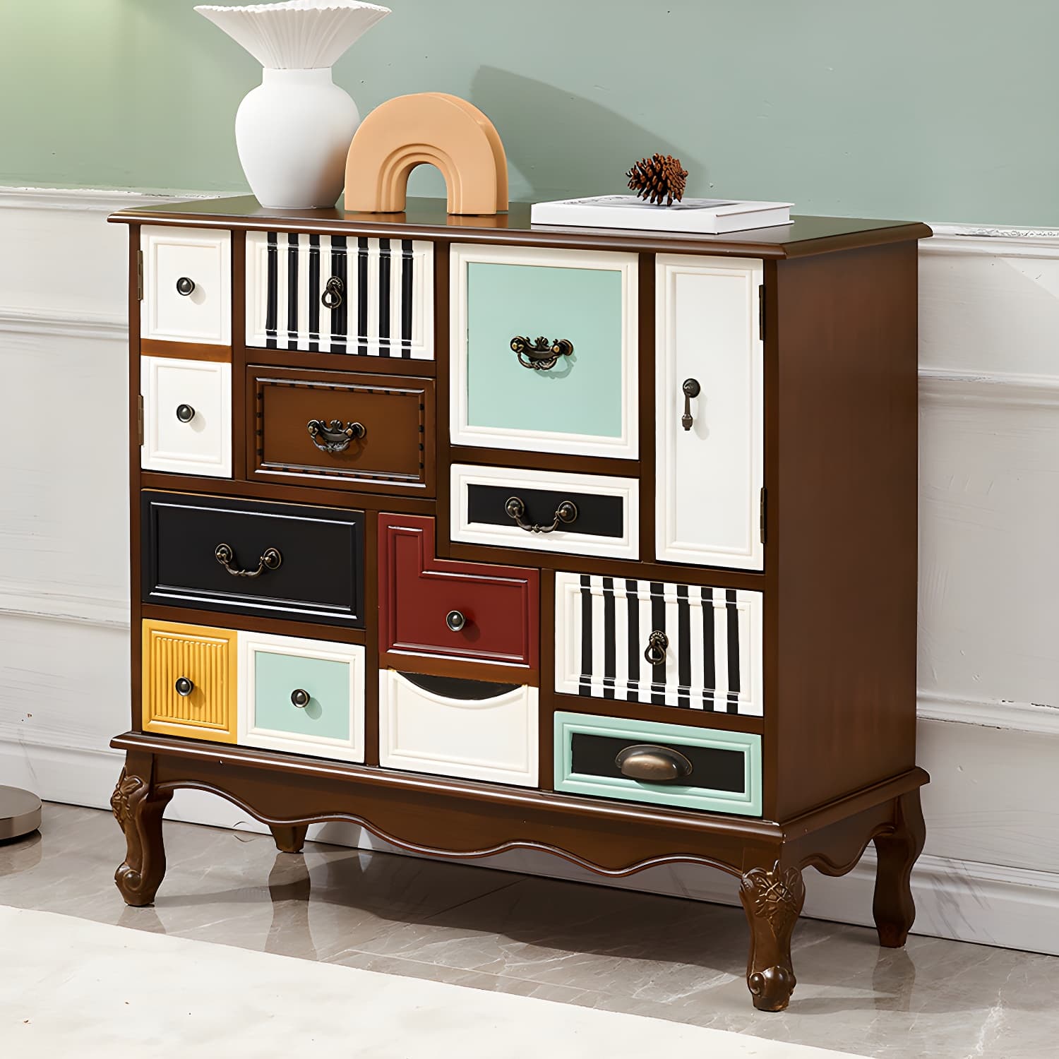 Industrial Painted Accent Cabinet with Drawers Solid Wood Chest - image 17